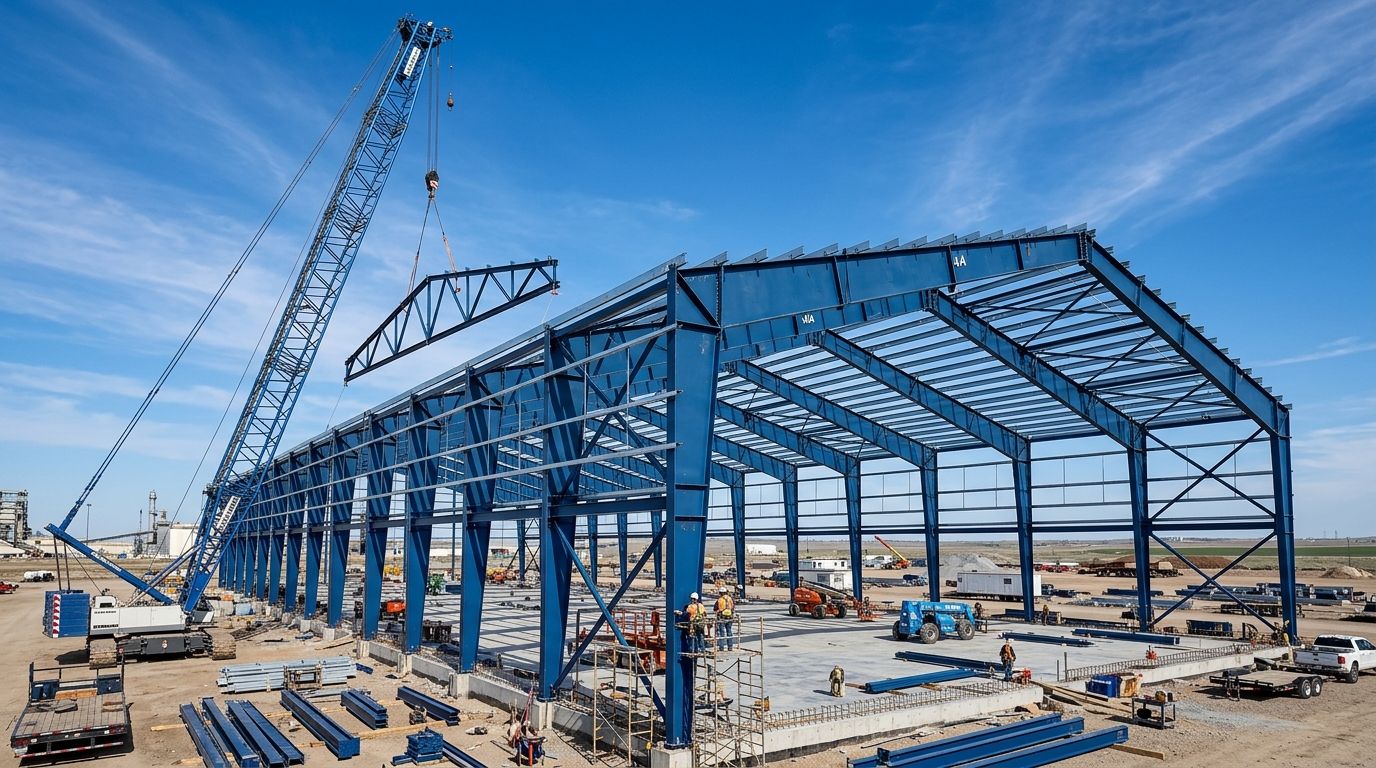 Structural steel pre-engineered building (PEB) warehouse frame erection